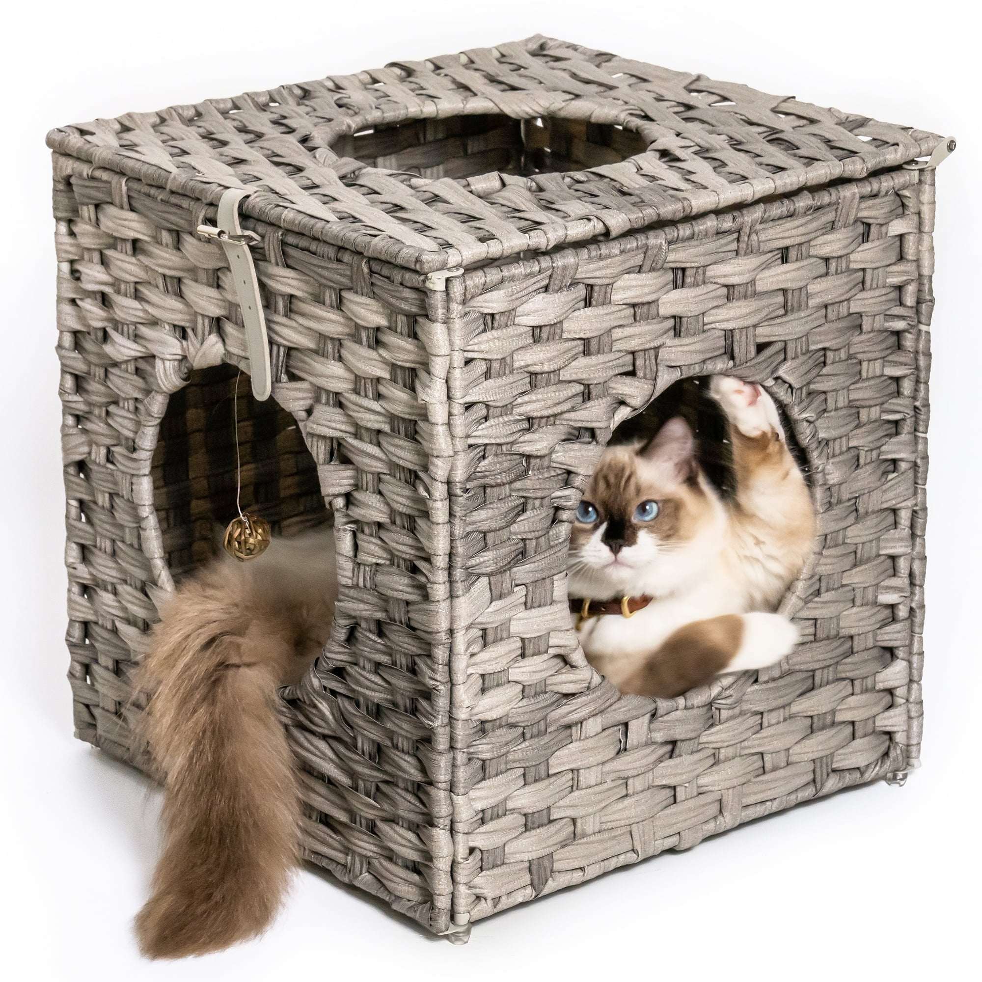 Canddidliike Rattan Cube Cat Bed with Rattan Ball and Mats in Grey Canddidliike Rattan Cube Cat Bed with Rattan Ball and Mats in Grey