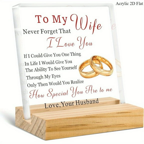 3.9x3.9 Inch "To My Wife, I Love You" Acrylic Plaque with Golden Rings Design - Birthday、Anniversary、Valentine's Day Romantic Gift, Wife Keepsake, Clear Acrylic Sign