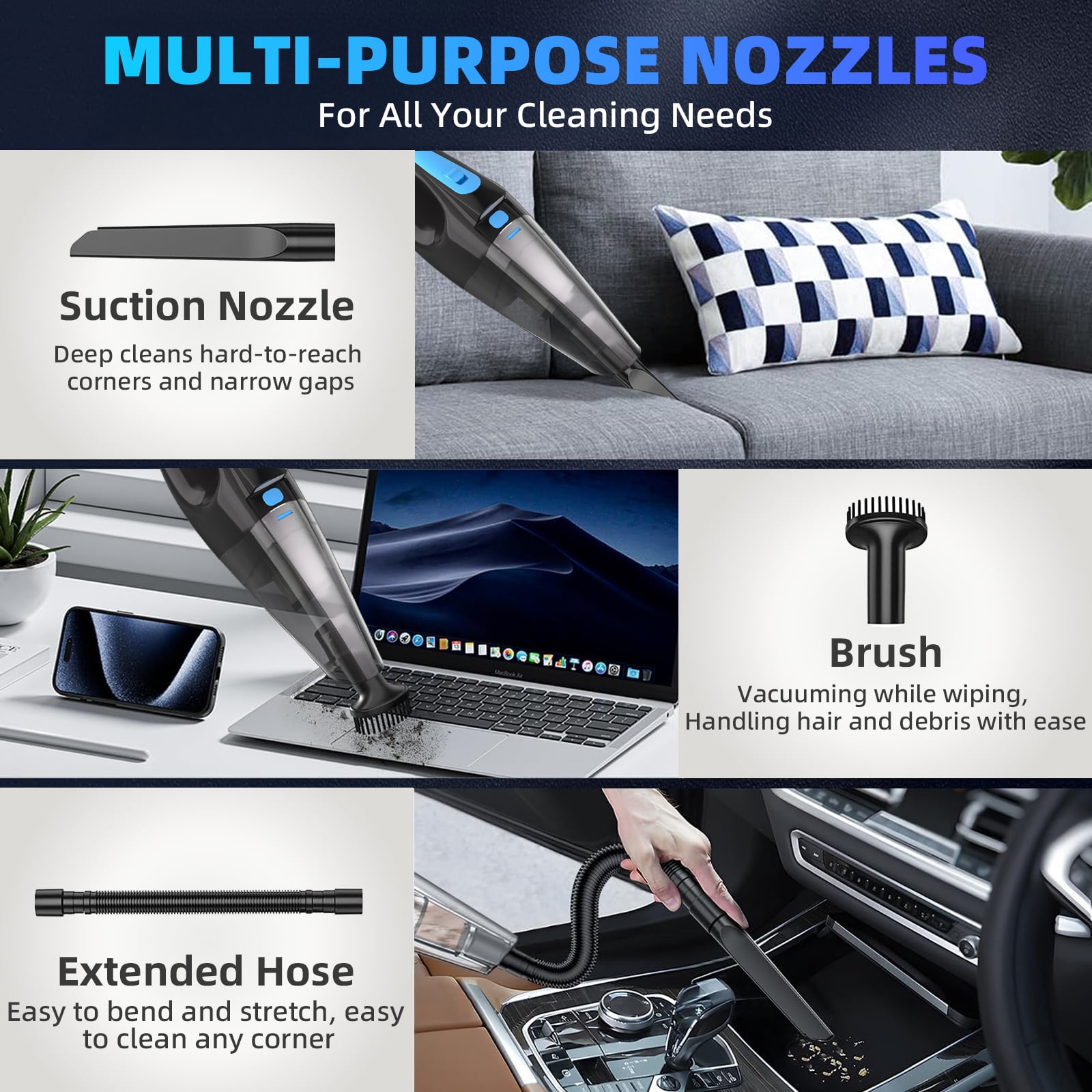 ATUPEN Car Vacuum Cleaner, 9000PA Suction Car Dusters LED Light Home Office Sofa Pet Hair Car Accessories