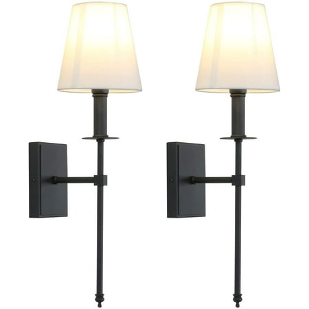 

Set of 2 Rustic Industrial Wall Sconce Fixture with Flared White Textile Lamp Shade and Black Tapered Column Stand