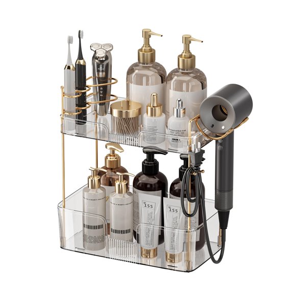 Organizador de Maquillaje, Organizador de Perfumes, Organizador de Maquillaje para Mostrador, Organizador de Cuidado de La Piel, Con Soporte para Secador de Pelo - Transparente