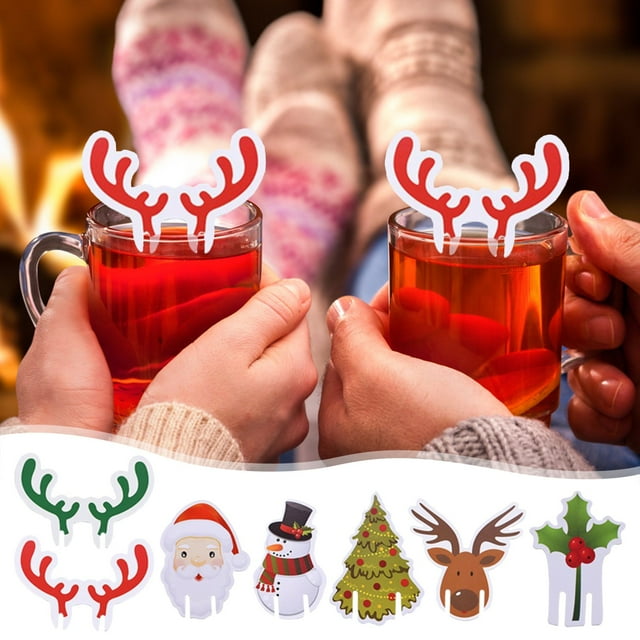 Fiudx Adornos Navideños para Copas de Vino, Diseño de Gorro de Papá Noel y Tarjeta de Fiesta, Decoración Festiva para Mesas, Ideal para Restaurantes y Centros Comerciales, Ideal para Fiestas Navideña