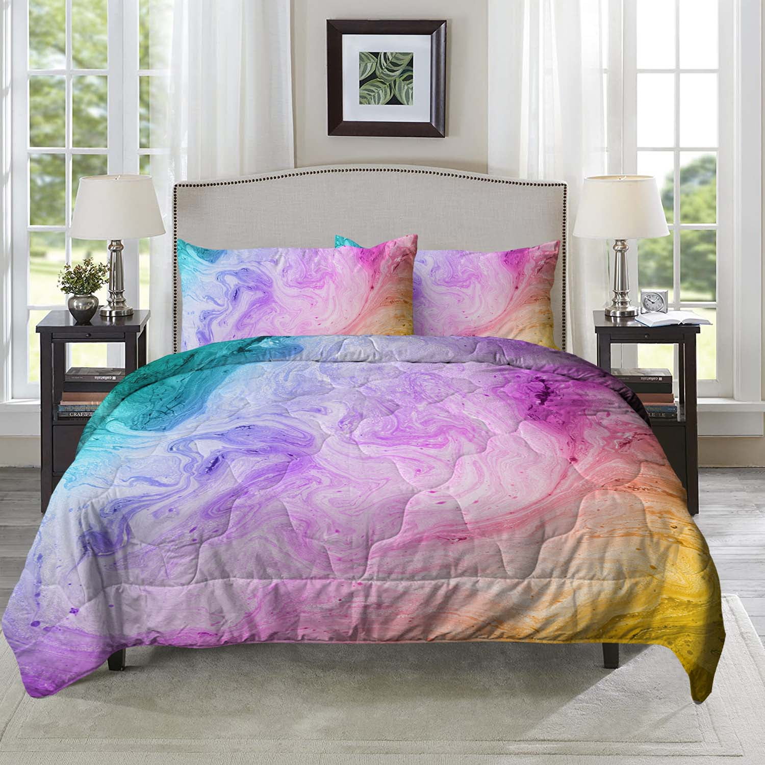 BlessLiving 3Piece Tie Dye Comforter Set with 2 Pillowcases, Blue Pink