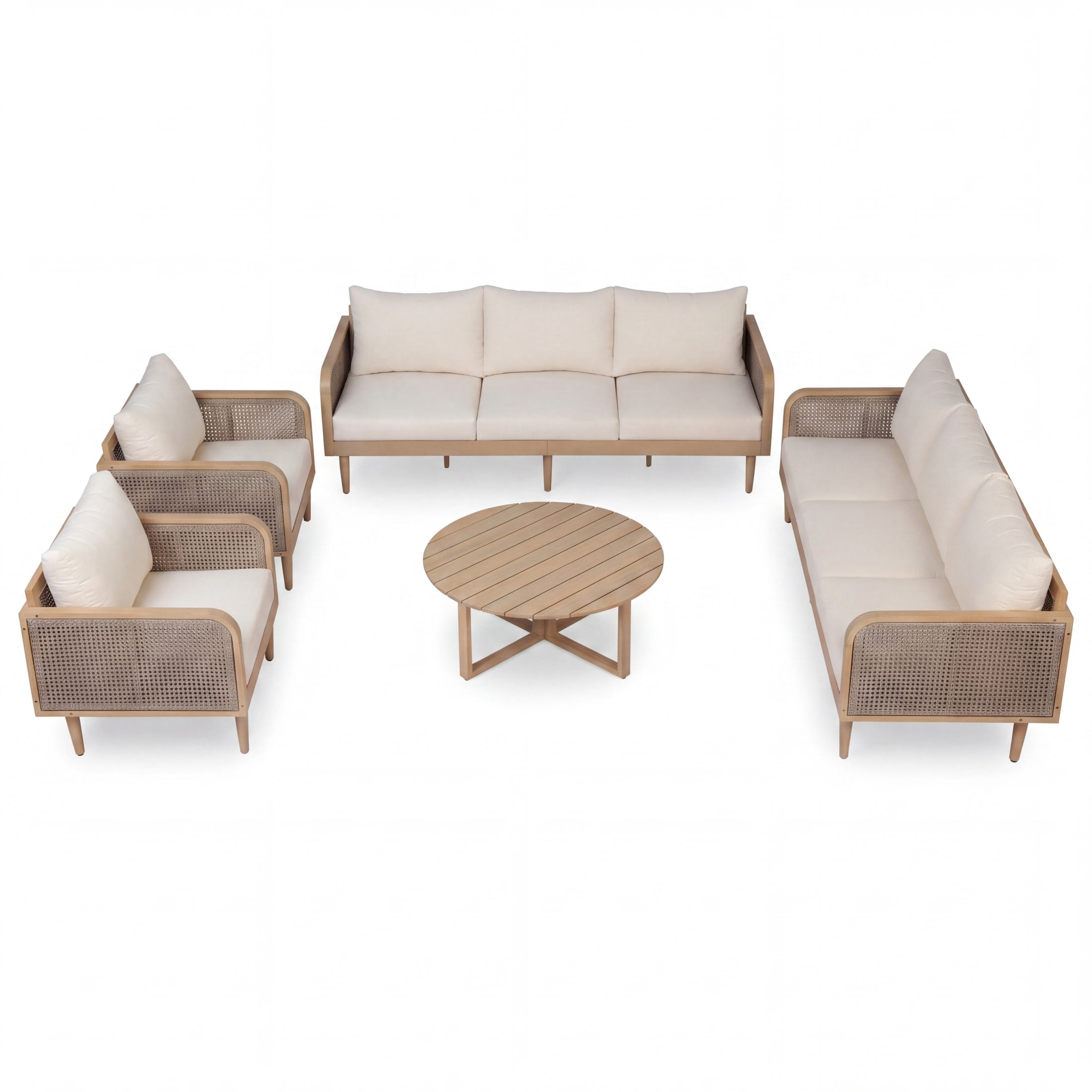 Christopher Knight Home 5-Piece Outdoor Conversation Set with Table, Wood Frame with Rattan Armrests, Teak+Cream