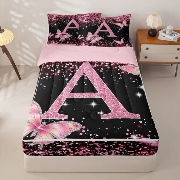 Manfei Pink Butterfly Zipper Twin Comforter Sets with Fitted Sheet and 2 Pillowcases,Girls Personalized Letter A Zipper Bedding Set,Pink Reversible4pcs