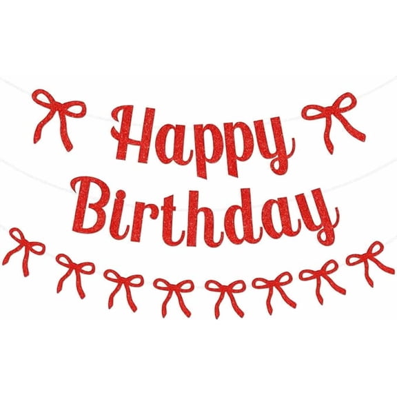 Red Bow Happy Birthday Banner Garland - Party Banners - Fabric, Glitter - Red