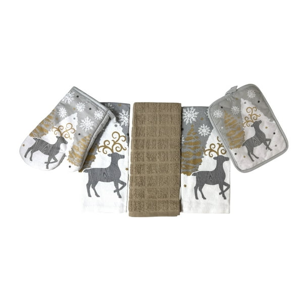 Serafina Home Winter And Christmas Gold Deer In The Snow Kitchen Set, 5 Piece