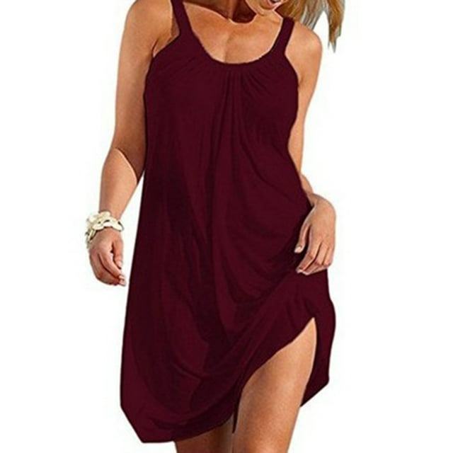 Robes pour Femmes Été Robe Débardeur Sans Manches Plissée Unie Robe T-Shirt Décontractée Robe Mini Ample Robe d'Été Plage Bikini Maillot de Bain Couverture
