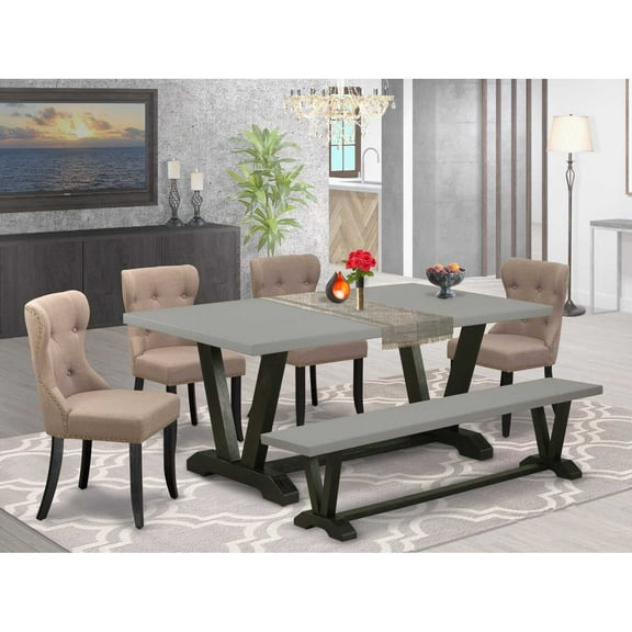 East West Furniture V697SI648-6 6-Piece Modern Dining Table Set- 4 Kitchen Chairs with Coffee Linen Fabric Seat and Button Tufted Chair Back - Rectangular Top & Wooden Legs Kitchen Table and...