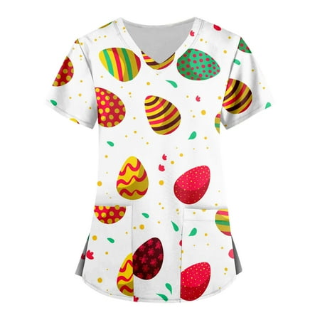 

Mlqidk Easter Printed Scrub Tops for Women Breathable Easter Eggs Bunny Pattern V-Neck T-Shirts Tee Scrubs Top with Pockets
