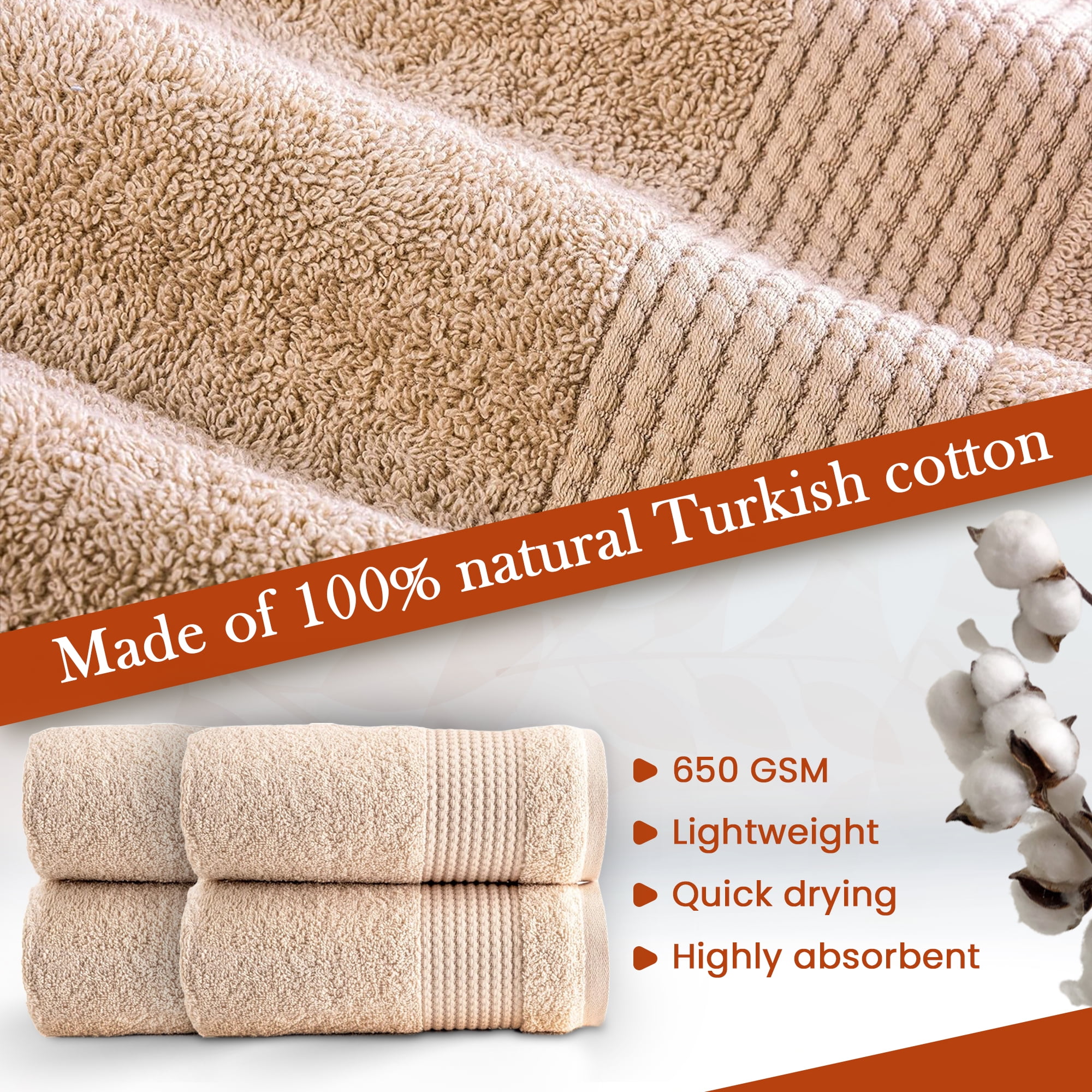 HALLEY Turkish Hand Towels Set - 4 Pack Bathroom Set, Ultra Soft, Machine Washable, Highly Absorbent, 100% Cotton - Luxury Spa Quality - Brown