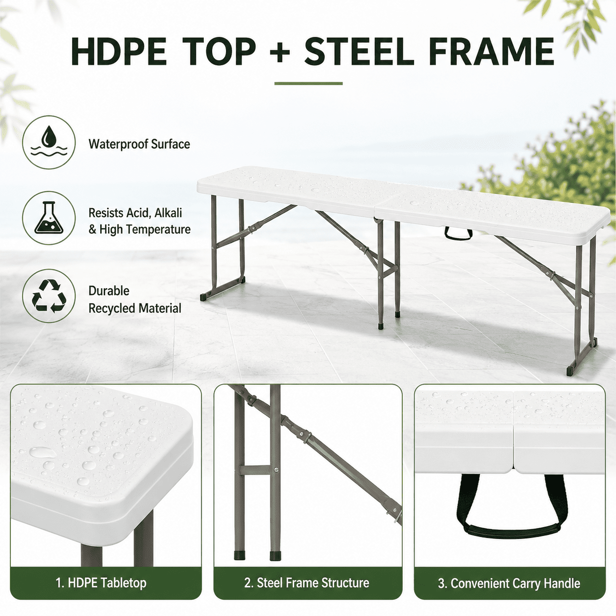 Alvantor 6 ft Portable Folding Bench, HDPE Plastic Indoor Outdoor Seat with Steel Frame, White, 1 Pack