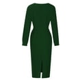 thumbnail image 6 of VSSSJ Women Plus Size Long Sleeve Belted Elegant Dresses Sexy V Neck Wrap Pure Color Split Party Cocktail Bodycon Midi Long Dress Green L, 6 of 7