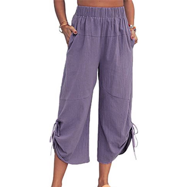 Snoarin Summer Plus Size Capris for Women Plus Size Womans Summer Solid Color Cotton Linen Loose Drawstring Pocket Cropped Trousers With Pockets Pants Trousers for Women on Clearance