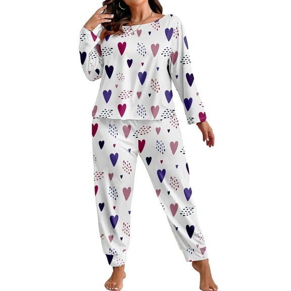 ValueVibe Plus Size Pajama Sets for Women 2 Piece Crew Neck Long Sleeve Lounge Sets Love Heart Print Sleepwear with Pocket, White 1XL