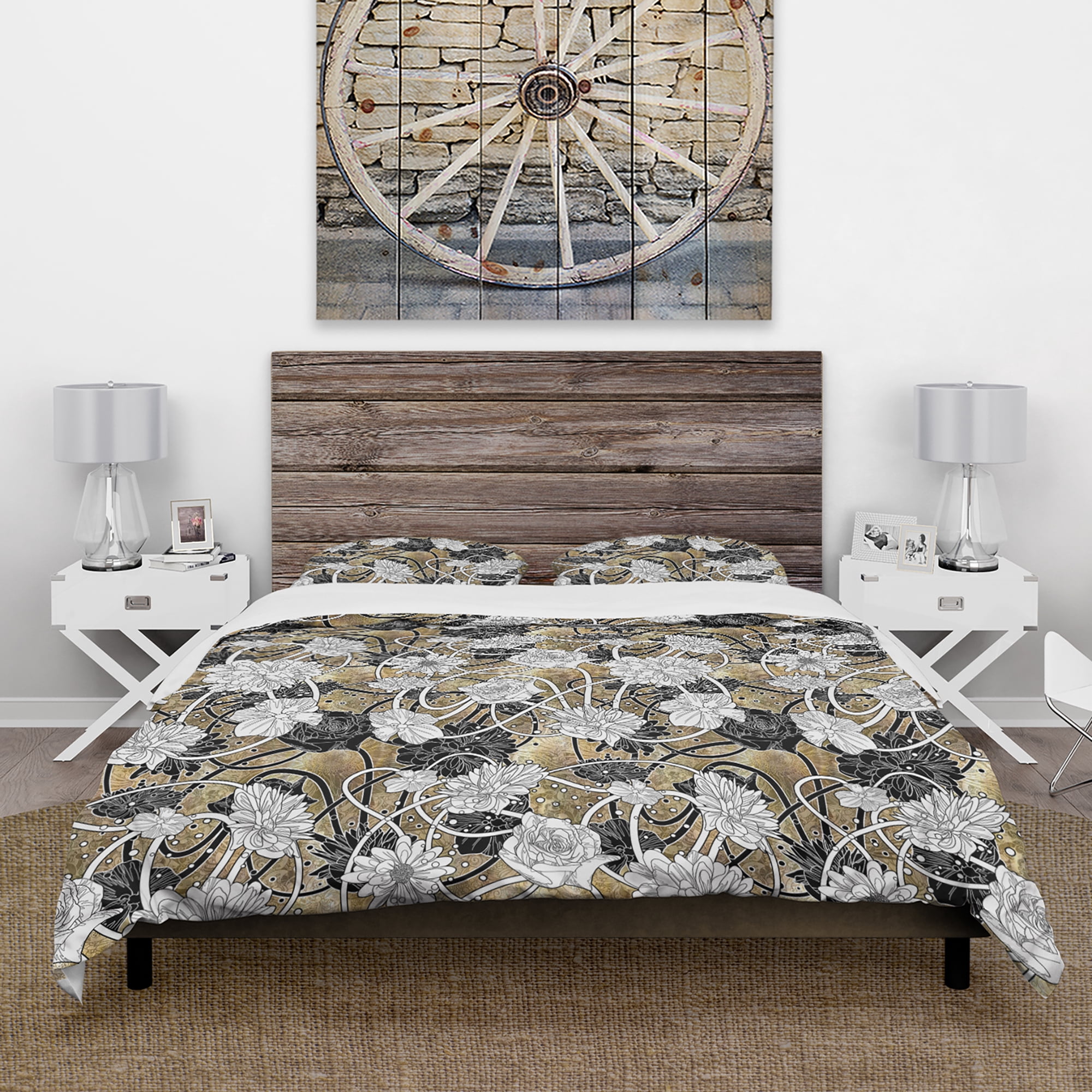 Designart 'White Drawn Flowers with Black Roses on Brown Background' Floral Duvet Cover Set