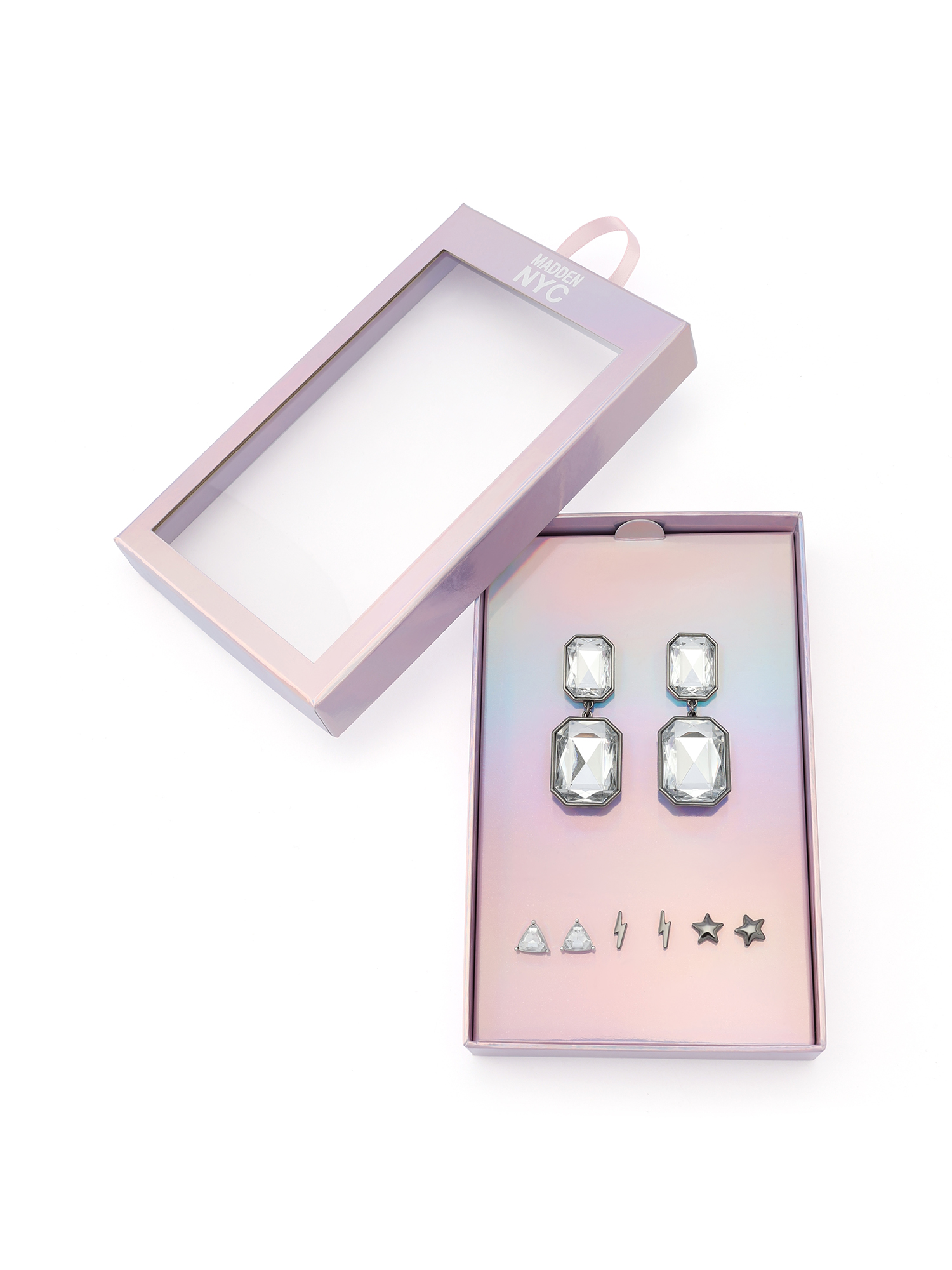 Madden NYC Women's Fashion Rhodium Stone Gem Drop & Stud Earring 4-Piece Giftable Boxed Statement Set