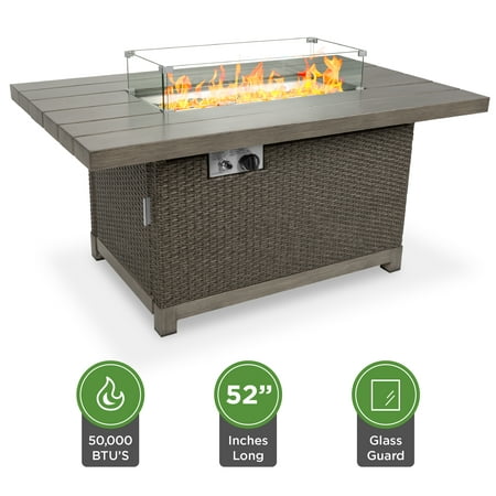 Best Choice Products 52in 50,000 BTU Wicker Propane Fire Pit Table w/ Aluminum Top, Wind Guard, Cover, Glass Beads