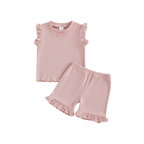 Spewahor Kids Baby Girls Summer Outfits 1T 2T 3T 4T 5T Solid Color Bow Decor Flutter Sleeve Round Neck Tank Tops and Ruffled Shorts Set