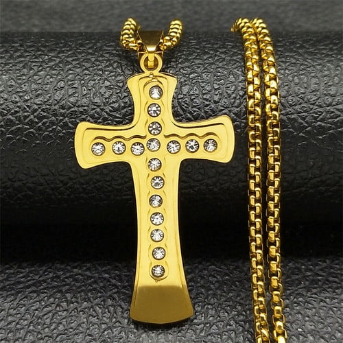 Jesus Cross Crucifix Pendant Necklace for Men 14K Yellow Gold Christian Chain Jewelry croix chrétienne