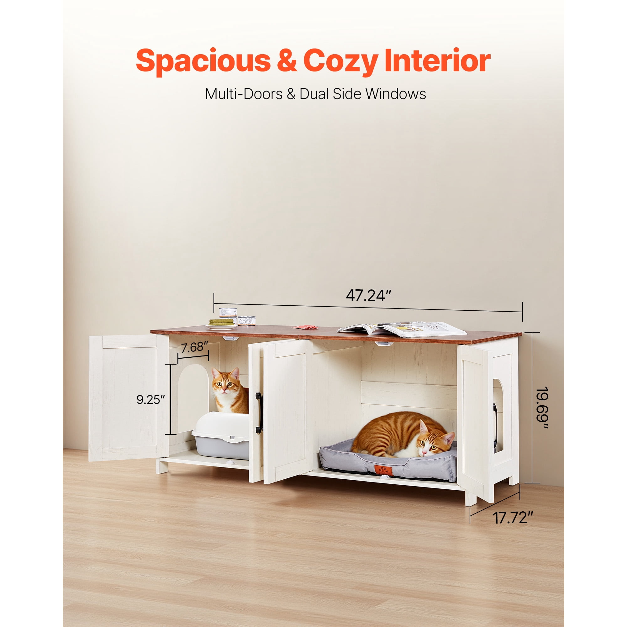 KFFKFF Cat Litter Box Enclosure for Multiple Cats, 47.2-inch Hidden Cabinet with Four Doors and Two Entry Points, Indoor Cat Washroom, Wooden Furniture for Cats, Compatible with Most Litter Boxes