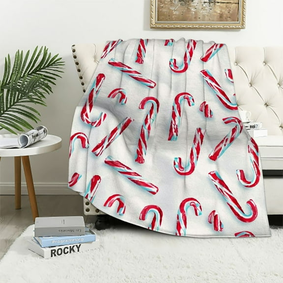 JRXY  Candy Cane Throw Blanket, Aquarelle Style Sweets Traditional Christmas Festivity Winter Celebrations, Flannel Accent Piece Soft Couch Cover for Adults,Orange and Blue White
