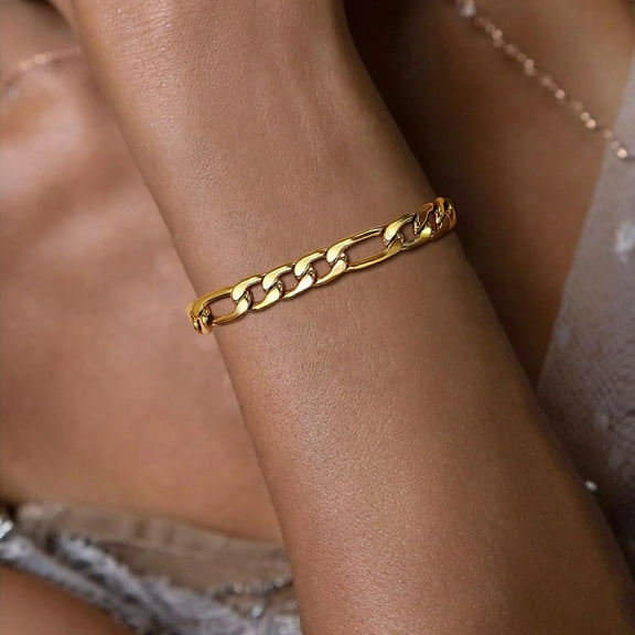 7MM Figaro Chain Bracelets for Men Women,Simple Punk 14K Yellow Gold Link Wristband Jewelry Gift,Length Adjustable