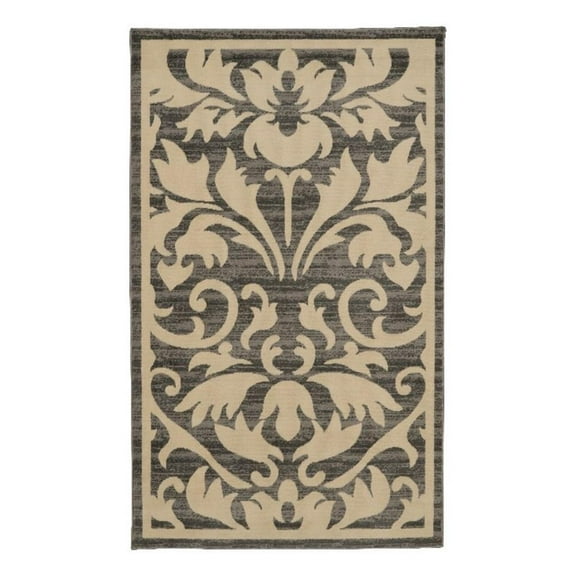 Linon Capri Damask Polypropylene 4'3"x7'3" Rug in Gray and Bone