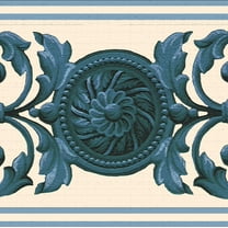 Dundee Deco's Peel and Stick Wallpaper Border - Damask Blue Beige Scrolls Wall Border Retro Design, 15 ft x 7 in, Self Adhesive