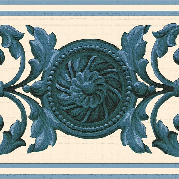 Dundee Deco's Peel and Stick Wallpaper Border - Damask Blue Beige Scrolls Wall Border Retro Design, 15 ft x 7 in, Self Adhesive