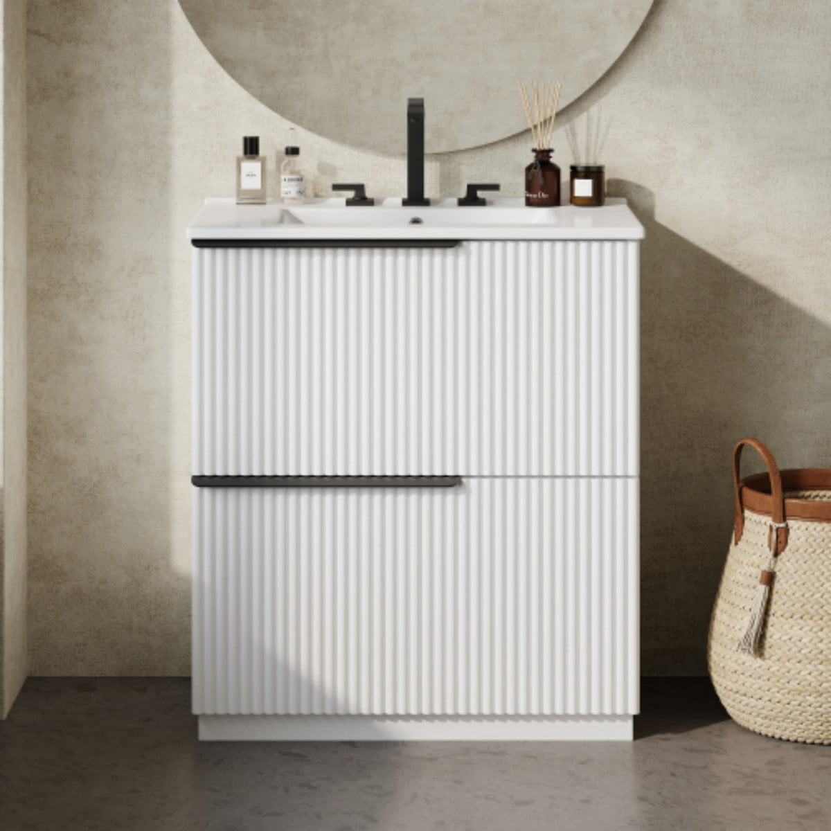 30" Bathroom Vanity with Ceramic Sink, Freestanding Bathroom Cabinet with Full Extension Drawers, Soft Close Slides, Fluted Design, White