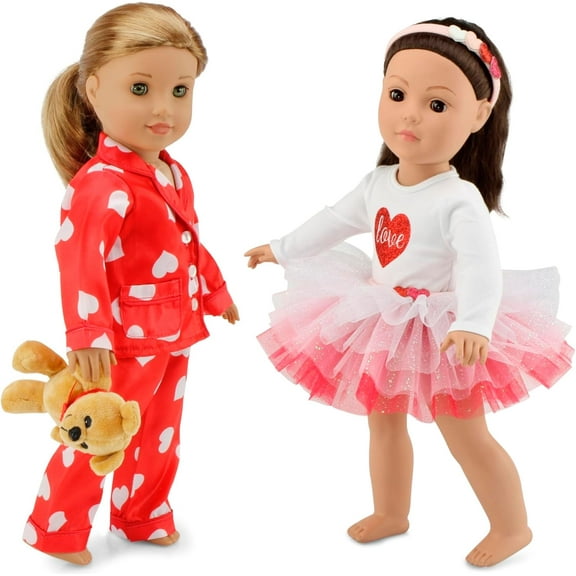 Emily Rose 18 inch doll clothes | Fashion Tutu Skirt Outfit Set and Headband BUNDLED with Silky 18" Doll PJs Valentines Gift Set with Matching Eye Mask Accessory  | Compatible with Most 18" Dolls