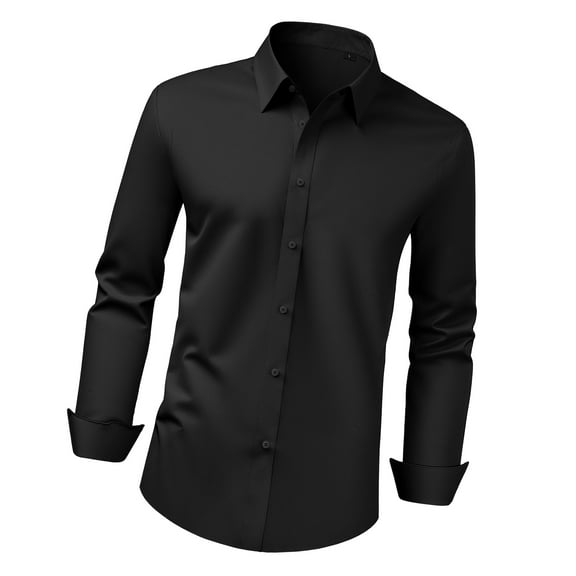 KFFKFF Men's Button-Up Shirt, Long Sleeve Wrinkle-Resistant Dress Shirt, Slim Fit with Soft Stretch Fabric for Business Casual, Formal Events, Work, Weddings, or Dinners, Black