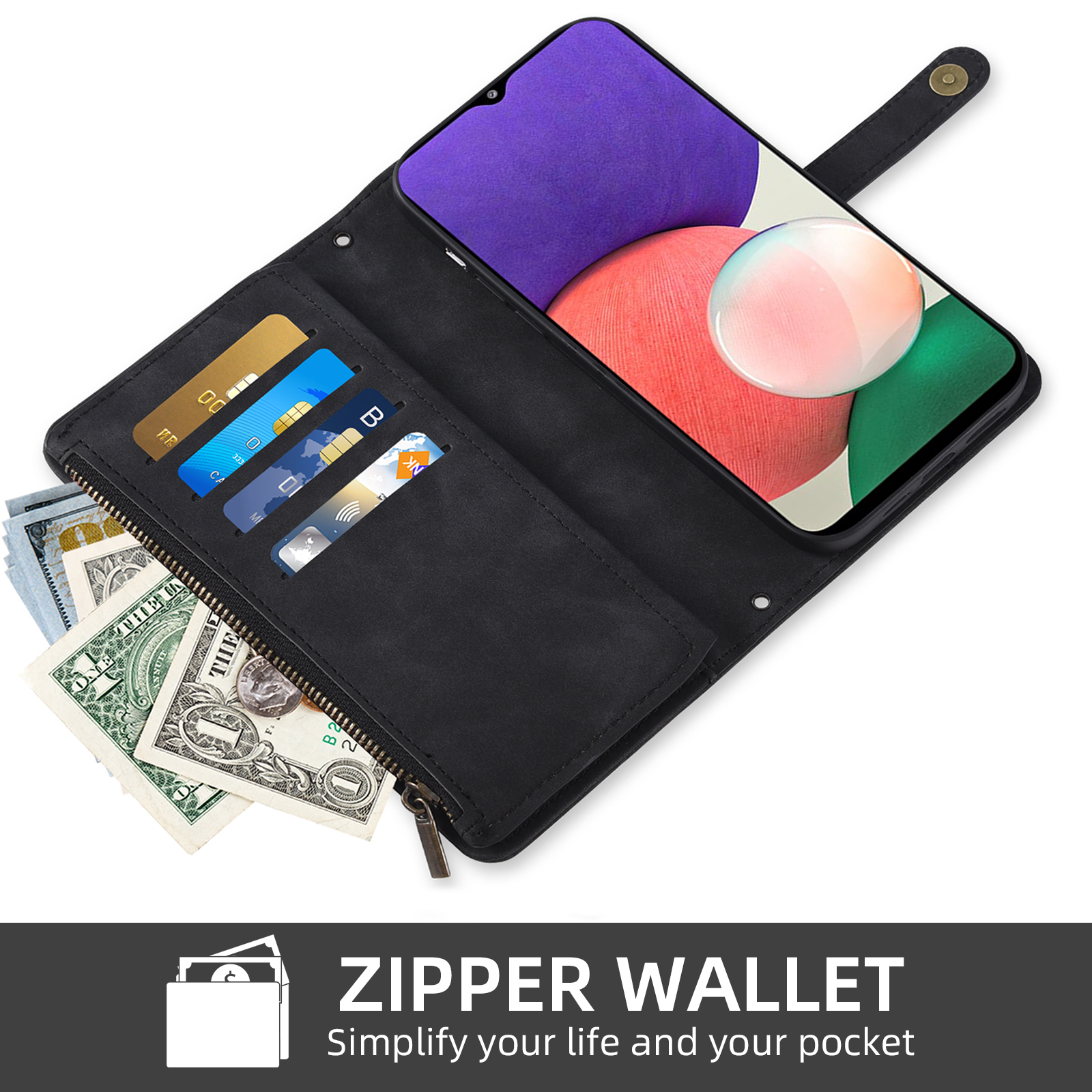 Asuwish Phone Case for Samsung Galaxy A22 5G Wallet Cover With Tempered Glass Screen Protector Crossbody Wrist Strap Flip Pattern Zipper Credit Card Holder Stand Cell A 22 22A A22s G5 Women Men Black