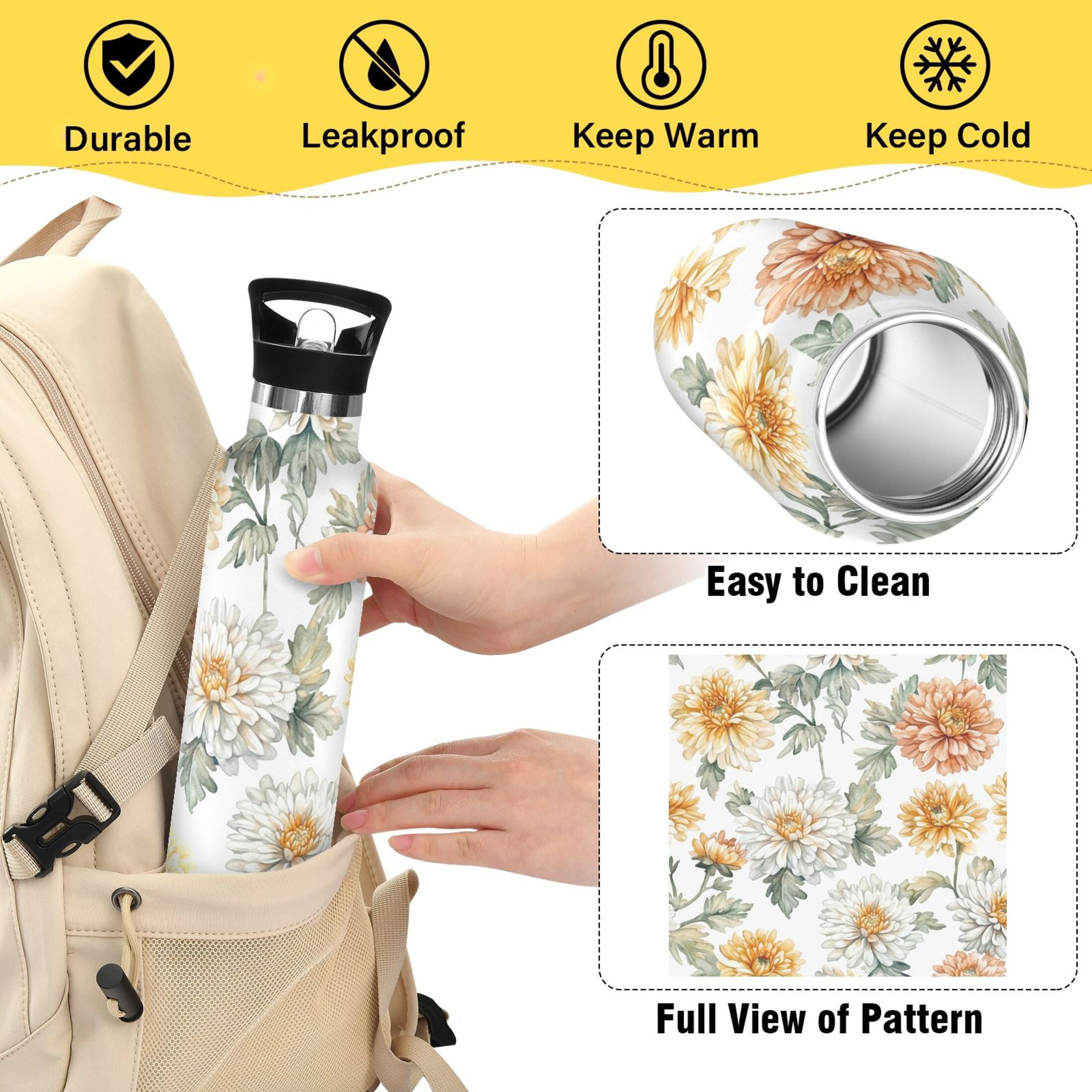 600ML Stainless Steel Insulated Cup Sports Water Bottle Portable Thermos Cup Water Glasses Insulated Tumblers Convenient and Durable Coral Chrysanthemums