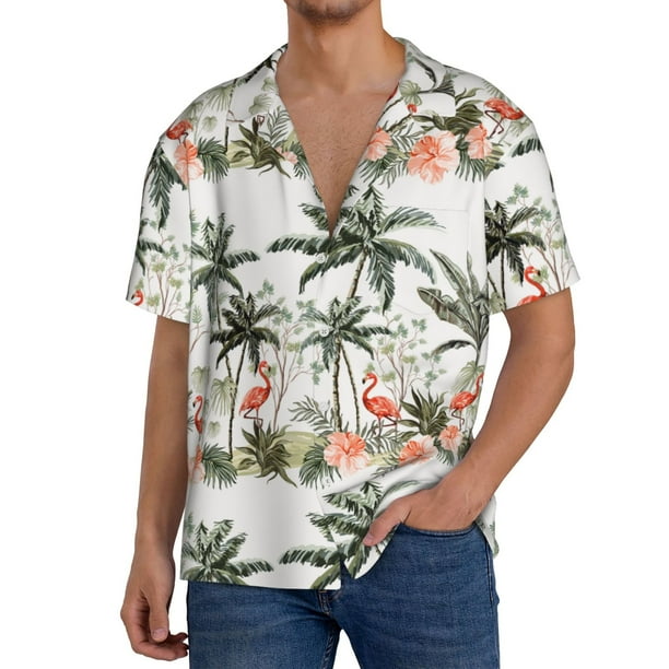 Fotbe Flamingo Palm Trees Camisa Estampada de Manga Corta para Hombre, Casual de Verano, Estilo Playero, Sin Arrugas-Medium