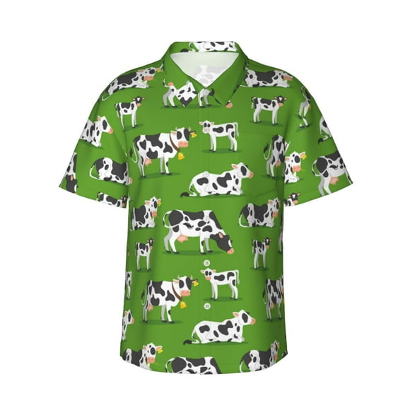 Gaeub Cows With Calfs Green Print Men's Hawaiian Shirt,Button Down Short Sleeves Shirts,Tropical Beach Casual Button Down Shirts,X-Large