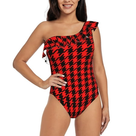 Tebeau Retro red and Black Houndstooth Print Women s One Piece Swimsuits One Shoulder Swimwear Asymmetric Ruffle Monokinis Bathing Suits-X-Large