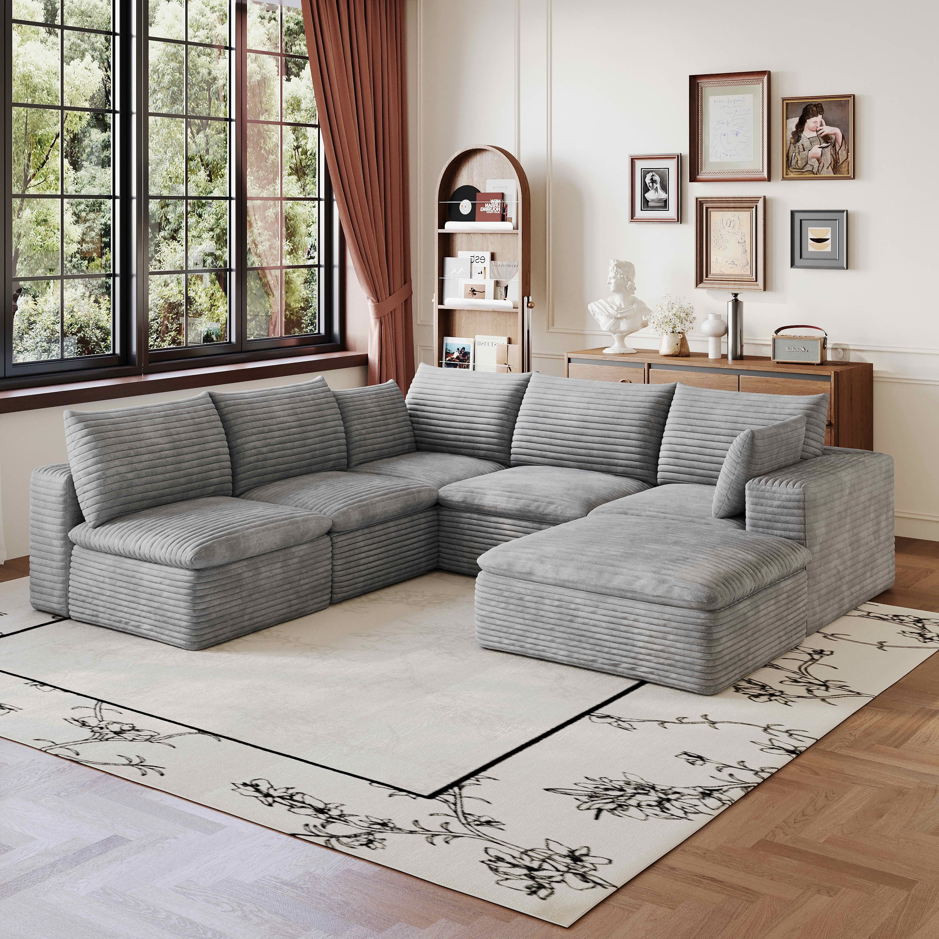MAYEERTY 98.5"x 102.4" L‑Shaped Cloud Modular Sofa, Corduroy Deep‑Seat Sectional Couch, Double‑Layer Removable Cushions, No‑Assembly DIY Sponge Sofa for Living Room Bedroom Conference Room Apartment