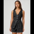 thumbnail image 4 of Conjunto de Dos Piezas de Mezclilla para Mujer, Informal, Sin Mangas, con Cuello en V, Chaleco Vaquero y Pantalones Cortos de Cintura Alta, Conjunto Deportivo Negro S, 4 of 10