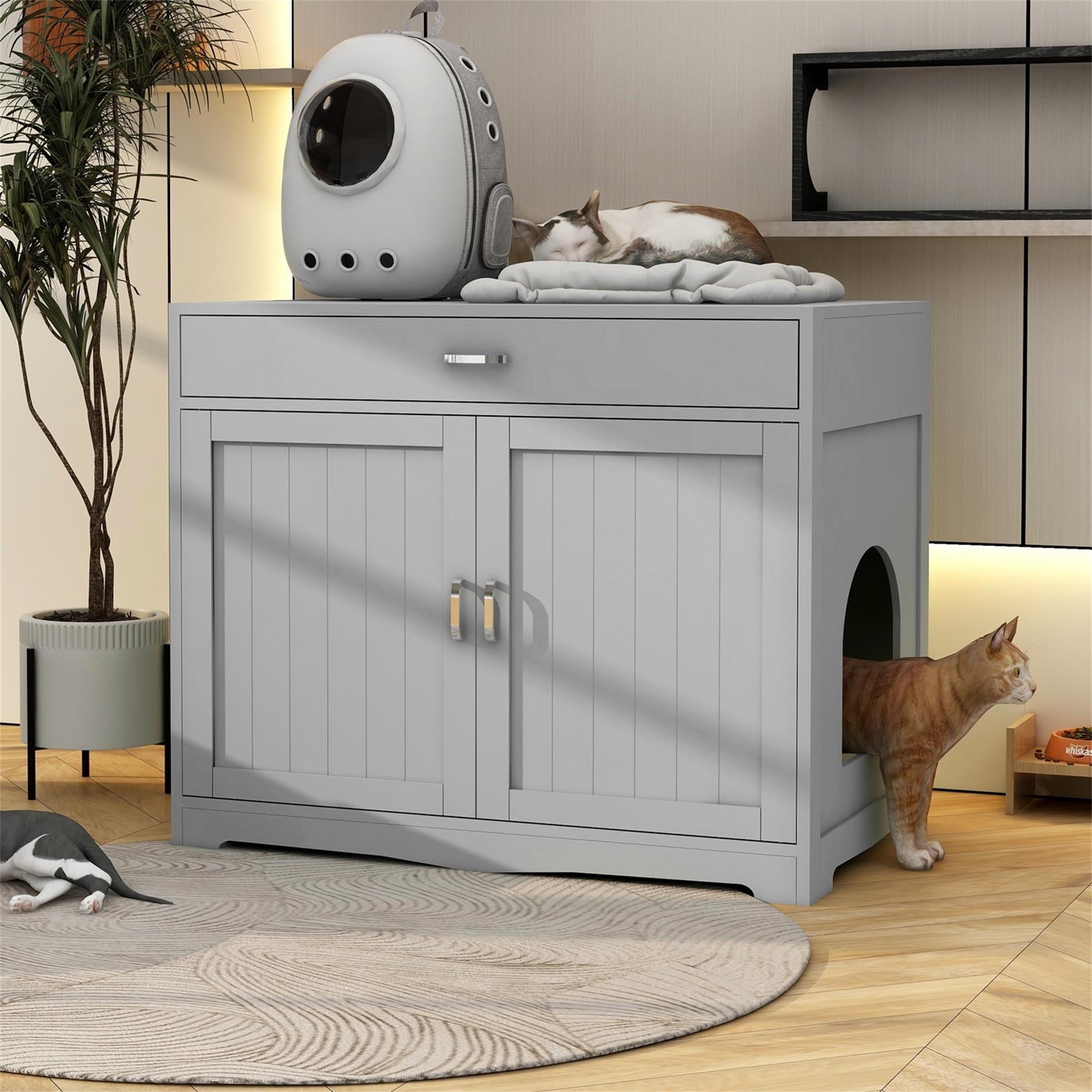 Pefilos 31" Cat Litter Box Enclosure, Hidden Cat Washroom Furniture with Divider, Large Wooden Pet House, Enough for Most of Orange Cat and Litter Box, Gray Pefilos 31" Cat Litter Box Enclosure, Hidden Cat Washroom Furniture with Divider, Large Wooden Pet House, Enough for Most of Orange Cat and Litter Box, Gray