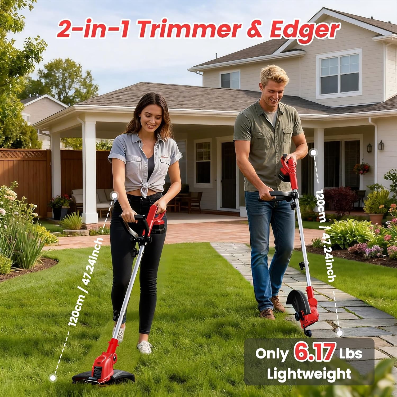 Cordless String Trimmer & Edger, 21V Weed Wacker with 2x4.0Ah Batteries & Fast Charger, 12" Automatic Feed Grass Trimmer, 2-in-1 Electric Weed Eater for Garden Edge Lawn Tool-Red