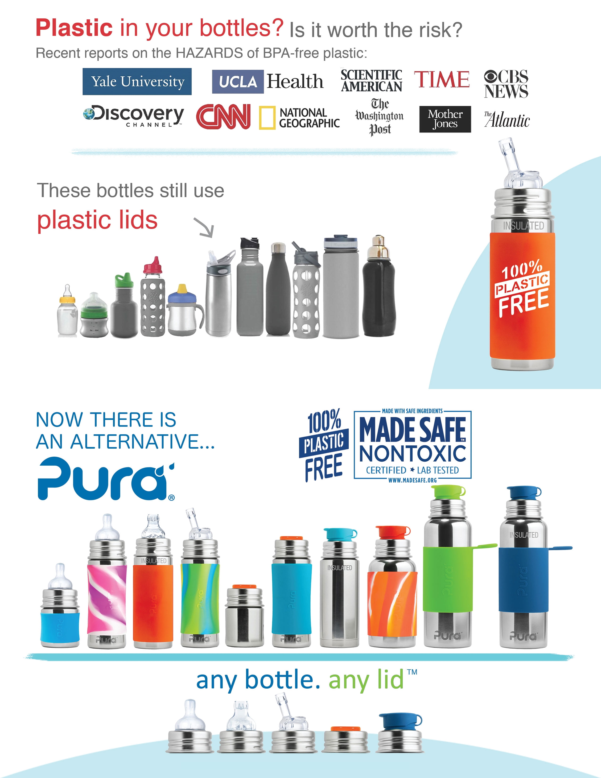 Pura Sport Vacuum Insulated 22 OZ / 650 ML Stainless Steel Water Bottle with Silicone Sport Flip Cap & Sleeve (Plastic Free, NonToxic Certified, BPA Free)