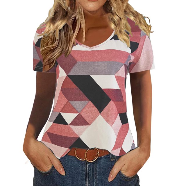 Fiudx Liquidación de Ahorros de Verano Blusas Casuales de Verano para Mujer, Camiseta Estampada con Cuello En V, Camisetas de Manga Corta