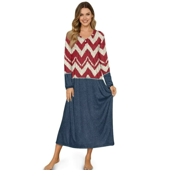 Psesaysky Nightgowns for Women Winter Long Sleeve Button Down Long Warm Nightdress Red Blue Print Soft Sleepwear Night Gown Comfy Loungewear, 2XL