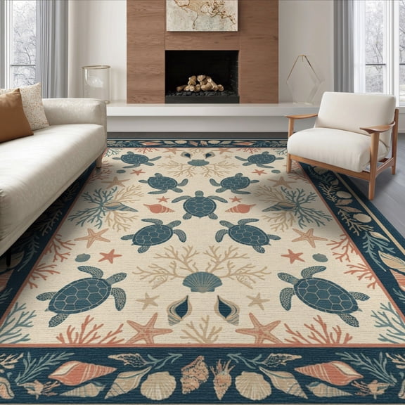 ODIKA 8'x10' Washable Area Rug Starfish Border Entry Themed Teal Beachy Nautical Turtle Ocean Playful for Living Room, Under Sectional, Family Room , Durable, Non-Slip
