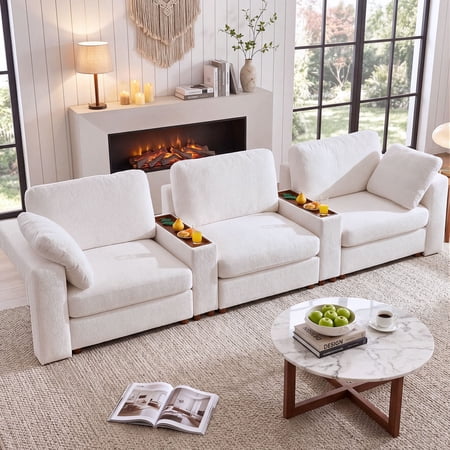 Holaki 138" Oversized Modular Sectional Sofa, 3 Seater Comfy Cloud Couch with 2 Built-in Side Tables for Living Room, Modern Wide Seat Down-Filled Sofa with Storage Space, White