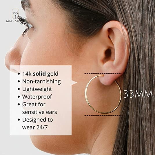 Solid 14k Gold Hoop Earrings for Women | 1.5mm Tube Yellow Gold Hoop Earrings 14k Real Gold | Flex Continuous Hoop Gold Earrings | 33mm (1.3 Inch) Diameter Large Gold Hoop Earrings by MAX + STONE
