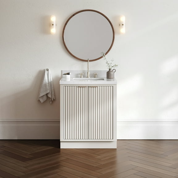 ARIEL Milan 30 Inch Single Rectangle Sink Bathroom Vanity with Carrara White Quartz Countertop 1.5 Inch in Warm White