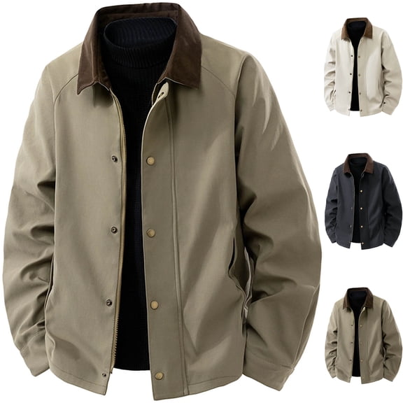 Men's Corduroy Collar Work Jacket Classic Fit Barn Coat Zip Up Windbreaker with Pockets for Business Casual Office Golf Wear, Bronze, XL